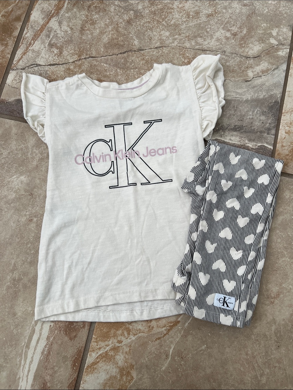 Calvin Klein Jeans White Top with Pink Script & Gray Heart Print Pants